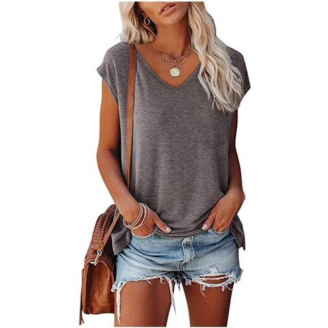(Brown, M) Womens Casual Plain T-Shirt Loose Short Sleeve