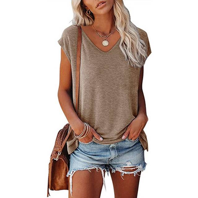 (Khaki, 2XL) Womens Casual Plain T-Shirt Loose Short Sleeve