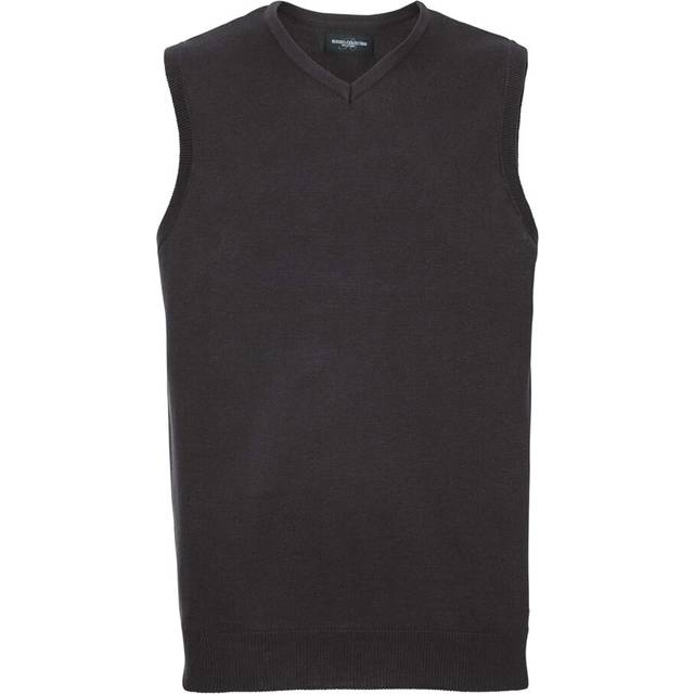 (S, Black) Russell Collection Mens Knitted V Neck Sleeveless Sweatshirt