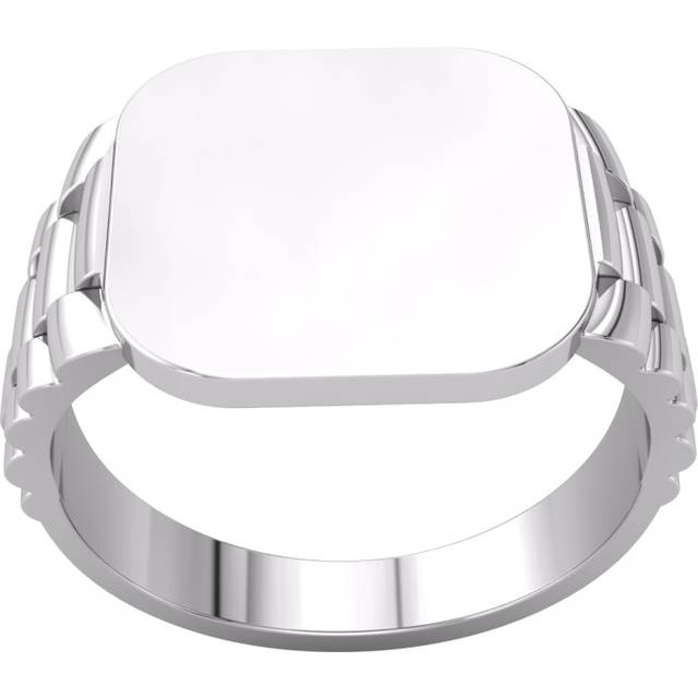 (V) Jewelco London Mens Platinum Plated Sterling Silver Presidential Link Watch Strap Square Cushion Signet Ring - GVR946