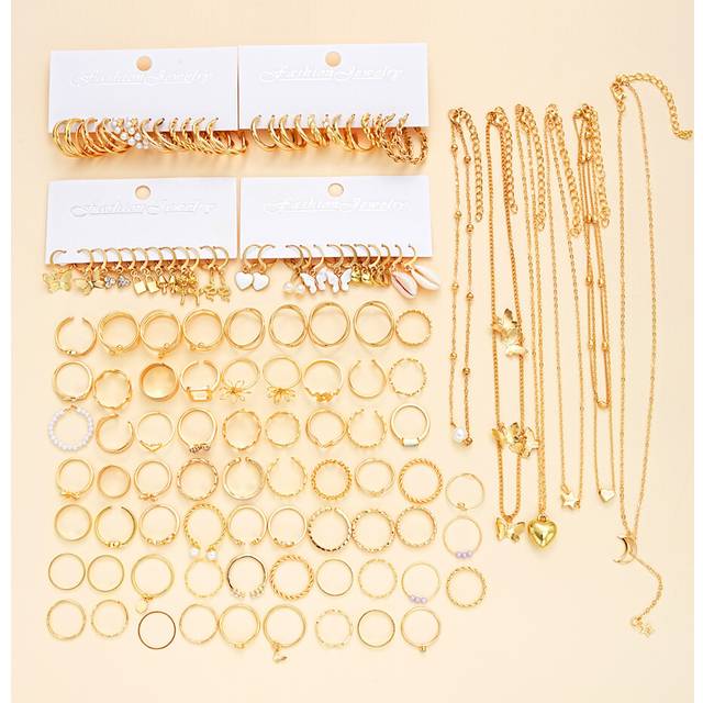(Gold Color Nobox) 120 Pieces Fashion Simple Metal Jewelry Set Boho Vintage Heart Butterfly Geometric Earrings Necklace Ring