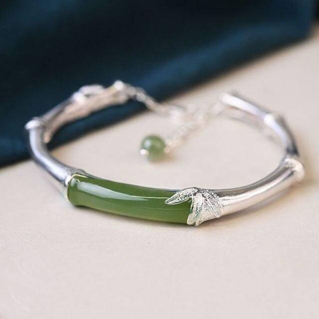 (white) S925 Sterling Silver Bracelet Natural Hetian Jade Festival High Ethnic Style Bamboo Bracelet Adjustable Opening Bangle Bracelet