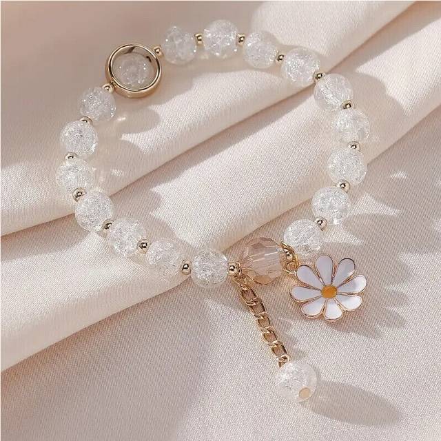 Stunning Real Glass Bead Stretch Bracelet with Daisy Flower Pendant Special Gift