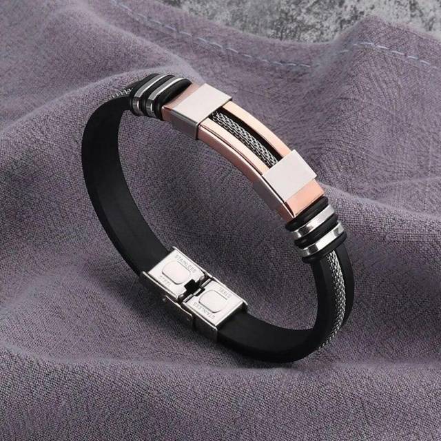 Fashion Stainless Steel Bracelets Wrist Band Black Silicone Punk Wristband Casual Bangles rose gold