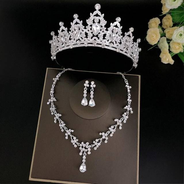 (silver, 1) Gorgeous Silver Color Crystal Bridal Jewelry Sets Fashion Tiaras Crown Earrings Choker Necklace Women Wedding Dress Jewelry Set