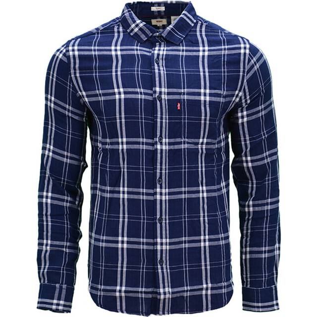 (Navy and White Stripe, S) LEVIS Mens Shirts Cotton Long Sleeve Flannel Shirt