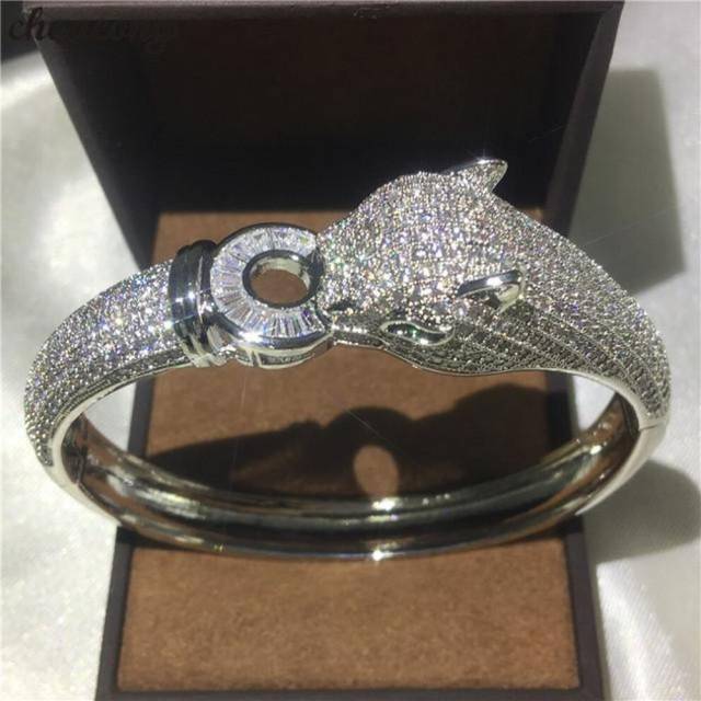 (silver) Leopard Bracelet Mirco Pave 400pcs Diamond Zirconia Stone White Gold Filled Engagement Bangle For Women Wedding Accessaries