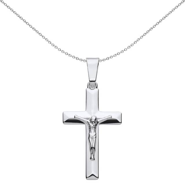 Jewelco London Unisex Rhodium Plated Sterling Silver Flat Prism Bevelled Crucifix Cross Pendant Necklace 18 inch - GVX097
