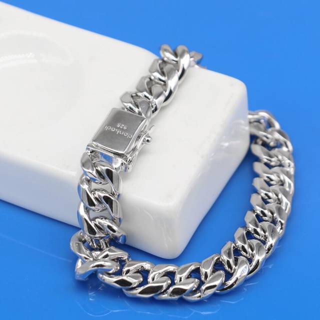(as the picture, 20cm) Genuine 925 Silver Link Chain Bracelet For Man 10mm 20cm Bangle