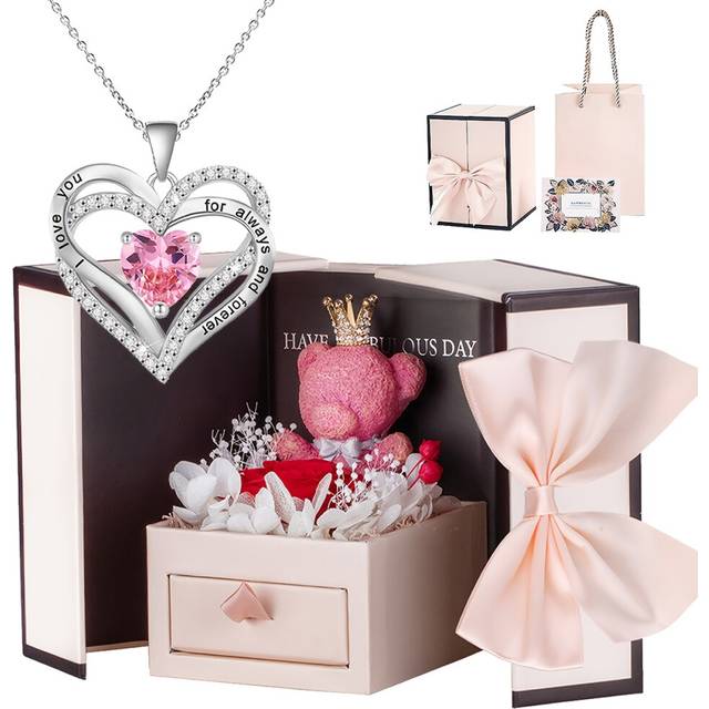 (Red Rose) Exquisite Heart-Shaped Pendant Necklace - Inlaid with Shiny Zirconia, Elegant Copper Chain