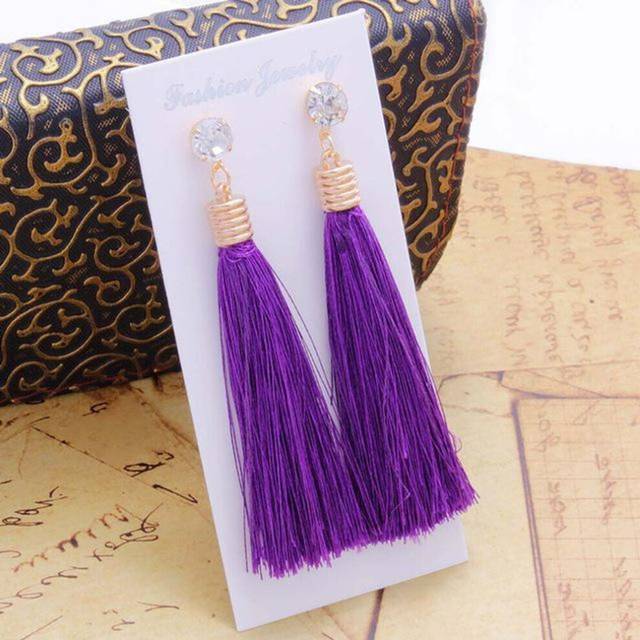 (purple) Bohemian Tassel Earring Black White Blue Red Silk Fabric Long Drop Dangle Earrings For Women Jewelry