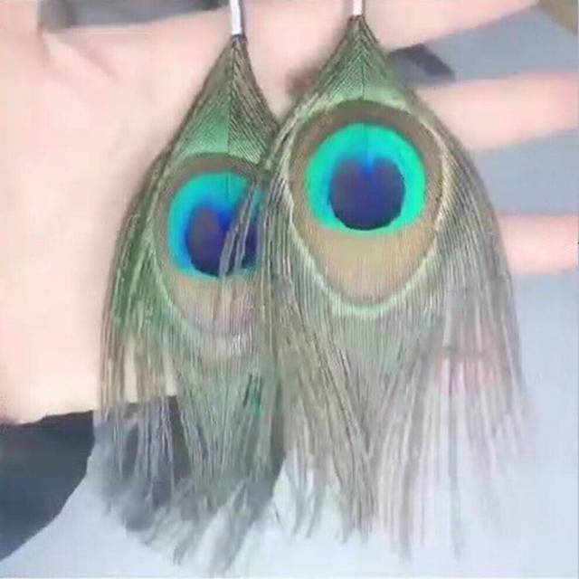 (silver) Bohemian Peacock Feather Earrings Exaggerated Retro Ethnic Handmade Earrings