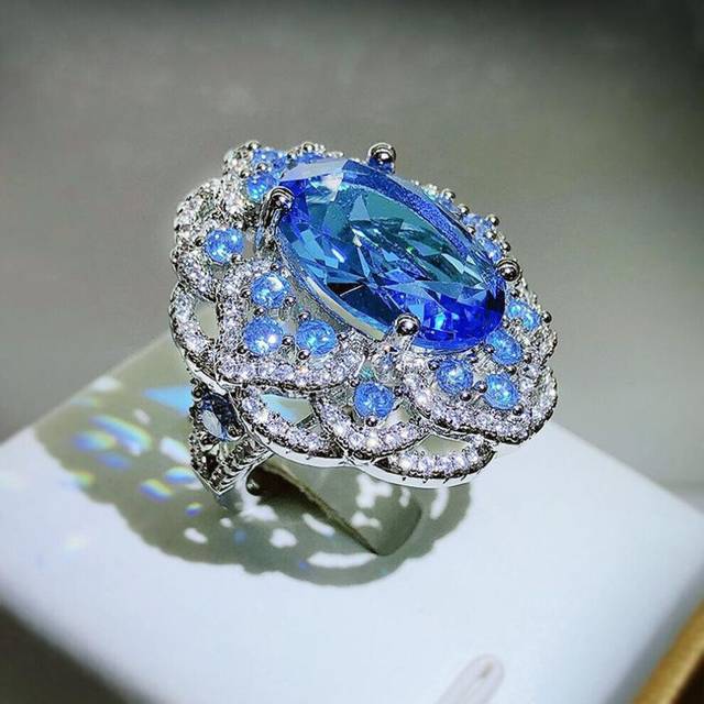 (blue, Resizable) High Quality Sparkling Blue Zircon Large Flower Ring Female 925 Silver Fashion Wedding Party Proposal Jewelry Gift
