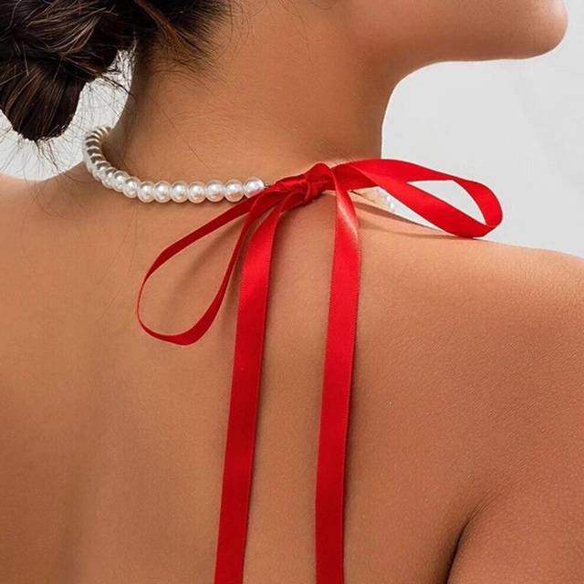 (red) Trend Wedding Party Jewelry Long Black Ribbon Choker Necklace For Women Elegant White Imitation Pearl Beach Vacation Necklaces