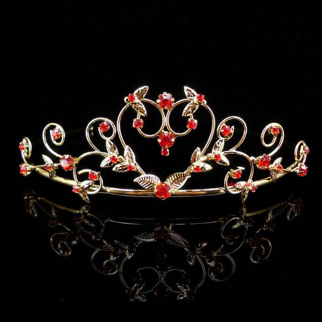 4cm Tall Heart Red Crystal Golden Wedding Bridal Princess Prom Queen Tiara