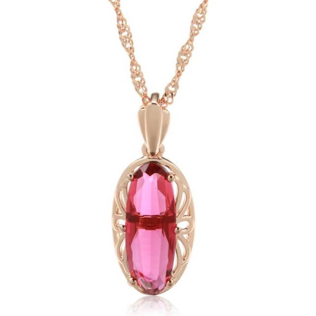 (red) Luxury Oval Green Red Blue Zircon Pendant Necklace Water Wave Chain Fashion Jewelry