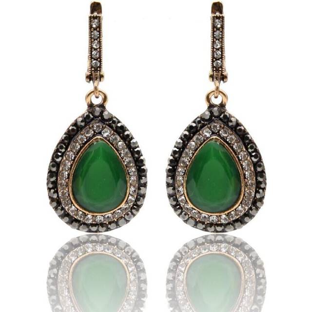 (green) Vintage Drop Earring Turkish Retro Gold Color Bridal Jewelry