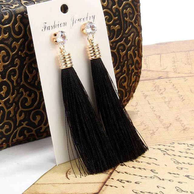 (black) Bohemian Tassel Earring Black White Blue Red Silk Fabric Long Drop Dangle Earrings For Women Jewelry