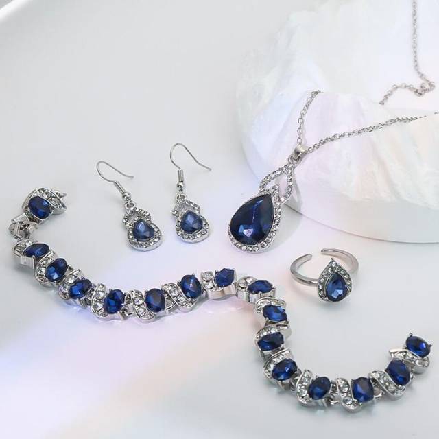 (blue) "elegant Zircon Necklace, Earrings & Ring Set â High-end Light Luxury Gourd Design" - Blue