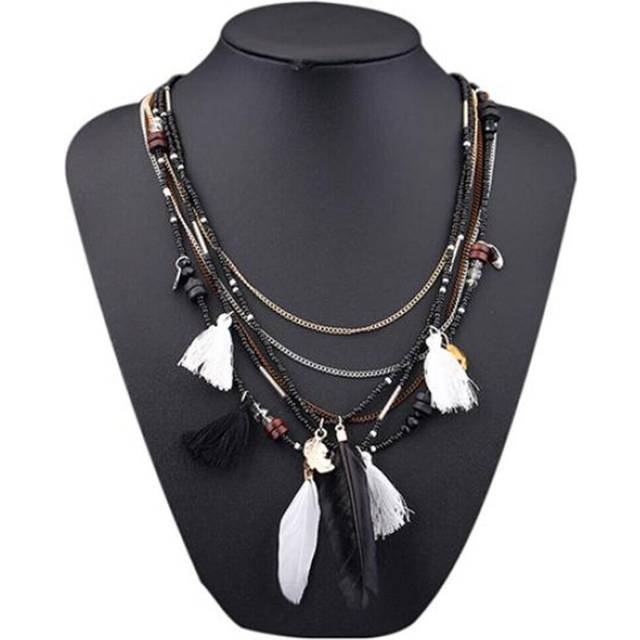 (black) Women's Boho Ethnic Style Feathers Tassels Beads Multi-layer Chain Necklace