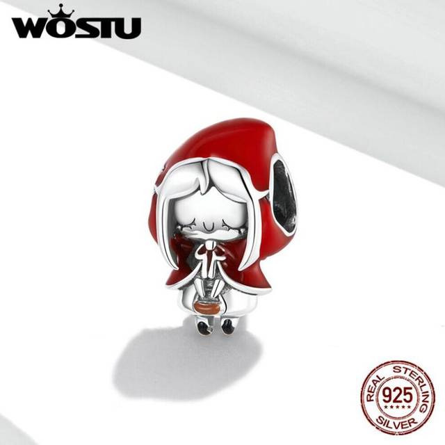 (925 silver) Wostu Exquisite Fairy Tales Little Red Riding Hood 925 Sterling Silver Pendant Bead For Women Fine Christmas Jewelry