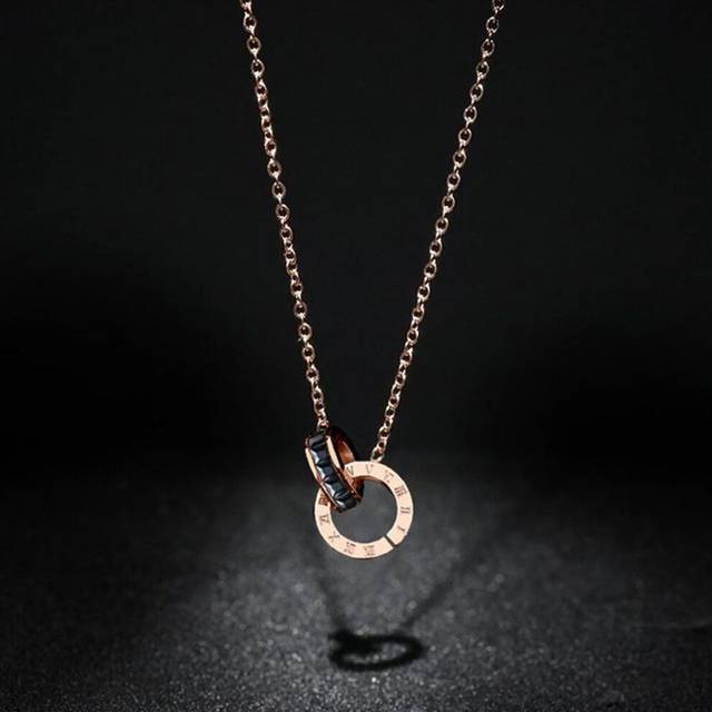(black) Titanium Steel Roman Double Ring Necklace Colorless Chain Chain 18k Rose Gold Plated Necklace X001