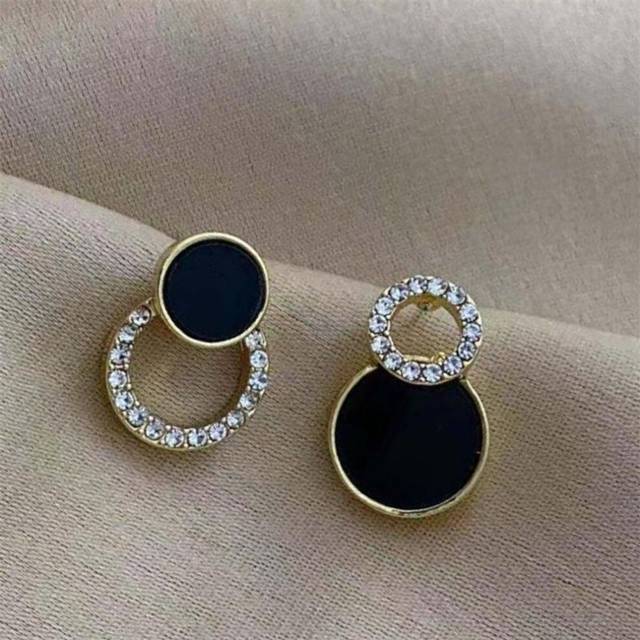 (black) Asymmetrical Hollow Round Stud Earrings Women's Rhinestone Earrings Fashion Ear Jewelry Unusual Small Earrings Accessories
