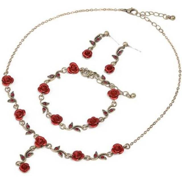 (golden) 1 Set Women Rose Necklace French Style Retro Elegant Golden Chain Fairy Gift Adjustable Red Flower Bracelet Stud Earrings Kit Jewelry Accesso