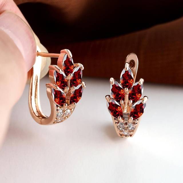 (red) Fashion Women Rose Gold Color Leaf Ear Hook Earrings Marquise Cut Red Blue Purple Stone Pendant Earrings Jewelry Bridal Wedding Gift Accessories