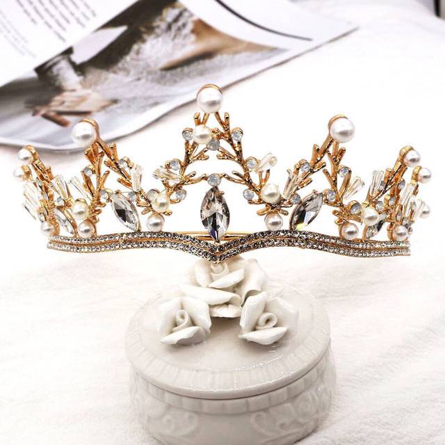 6cm Tall Gold Floral Pearl Crystal Wedding Bridal Queen Pageant Prom Tiara Crown