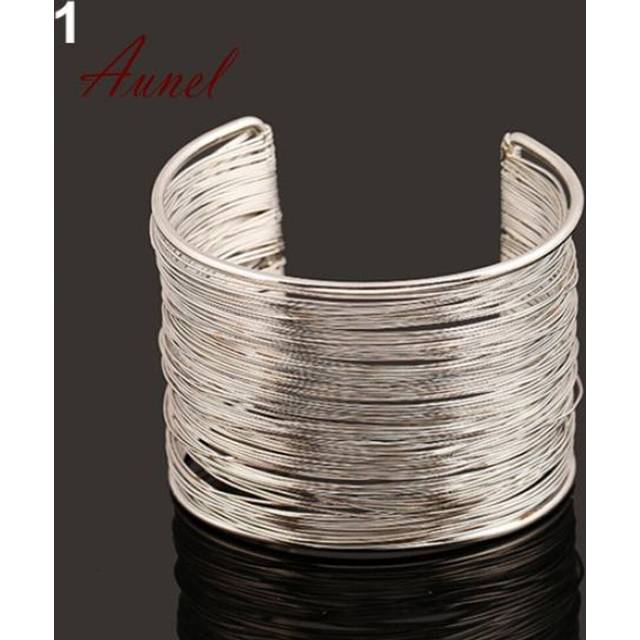 (silver) Fantastic Multilayer Metal Wires Strings Open Bangle Wide Cuff Bracelet
