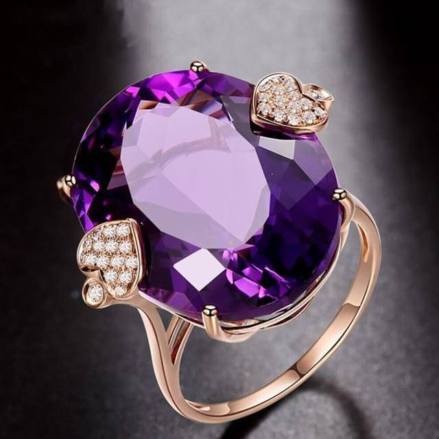 (purple, 7) Luxury Oval Topaz Ring 18k Rose Gold Wedding Band Ring For Women Gift
