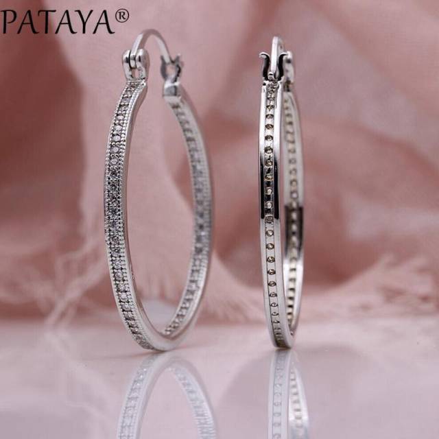 Pataya Micro Wax Inlay Luxury Big Circle Long Hollow Women White Gold Natural Zircon Earrings