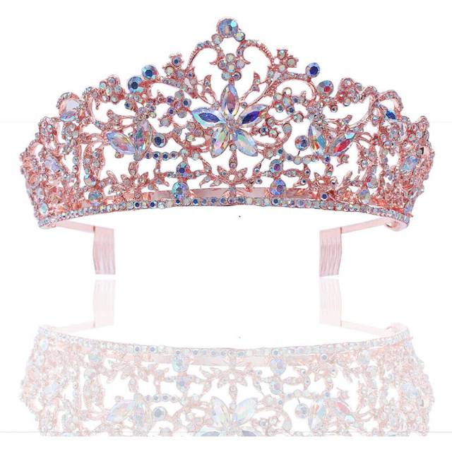 6cm Tall Pink AB Crystal Rose Gold Wedding Queen Princess Prom Tiara Crown Combs
