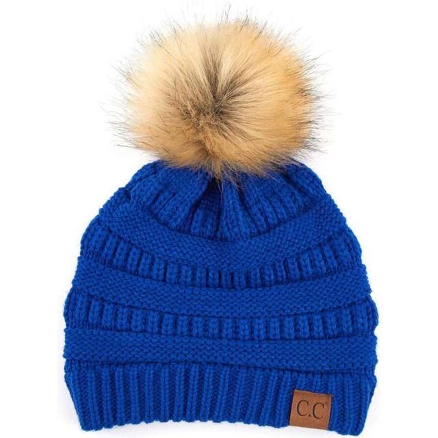 CC Fur Pom Winter Fall Trendy Chunky Stretchy Cable Knit Beanie Hat Solid Royal