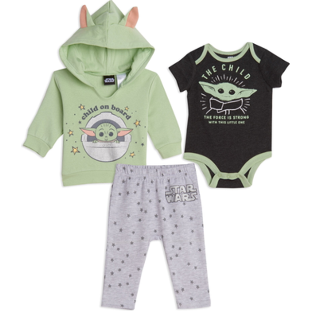 STAR WARS The Child Infant Baby Boys Fleece Hoodie Short Sleeve Bodysuit and Pants 3 Piece Baby Outfit Set Grey/Green 12 Months