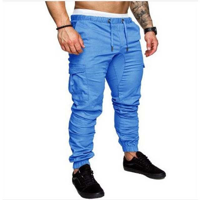 (Blue, 2XL) UK Mens Elasticated Waist Cargo Combat Work Trousers Joggers Pocket Cuffed Pants