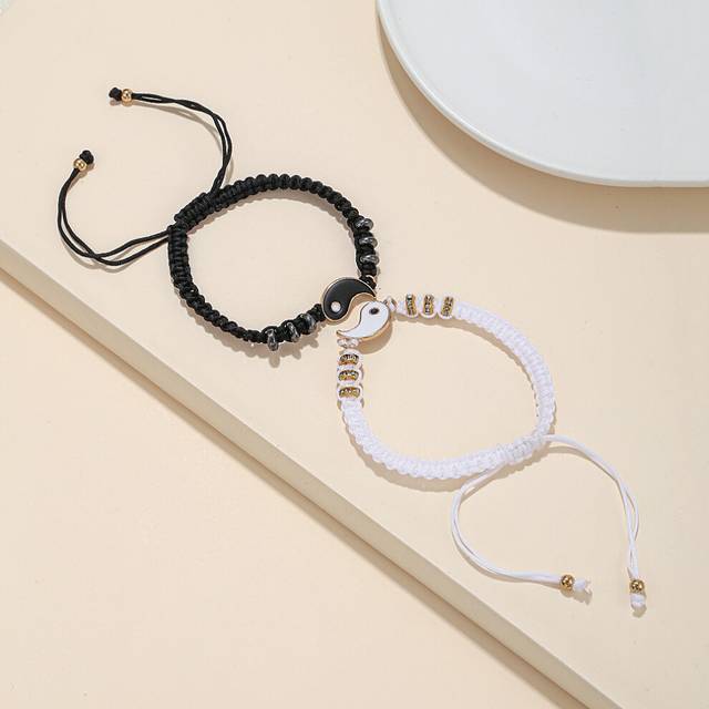 (2pcs gold) Tai Chi Yin Yang Couple Bracelet For Lover Handmade Woven Baided Rope Adjustable Bracelets