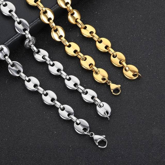 (gold, 6mm-60cm) Stainless Steel Hip Hop Coffee Bean Chains Necklaces Pig Nose Chains Bracelets Punk Necklace - Gold