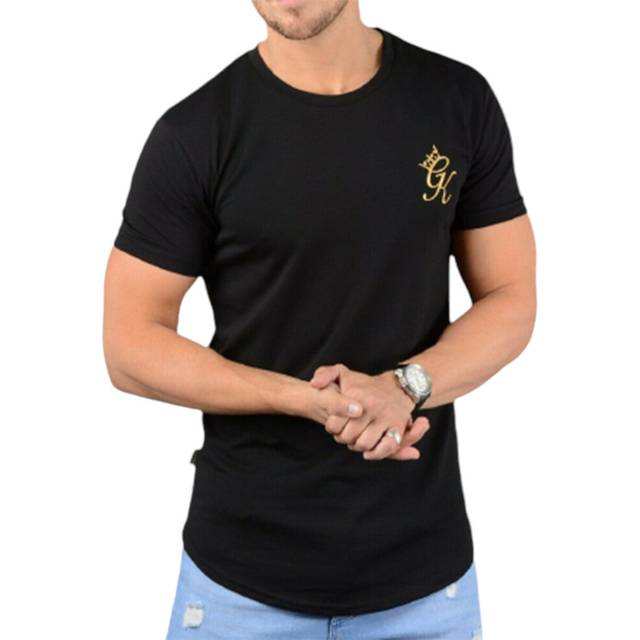 (S, Black) GYM KING Longline Fitted Tee Shirt GK Mens T-Shirt