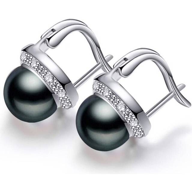 (black) Lsooyh 8-9mm Natural Freshwater Pearl Earrings Silver Color Fashion Cubic Zirconia Clip On Earrings For Women