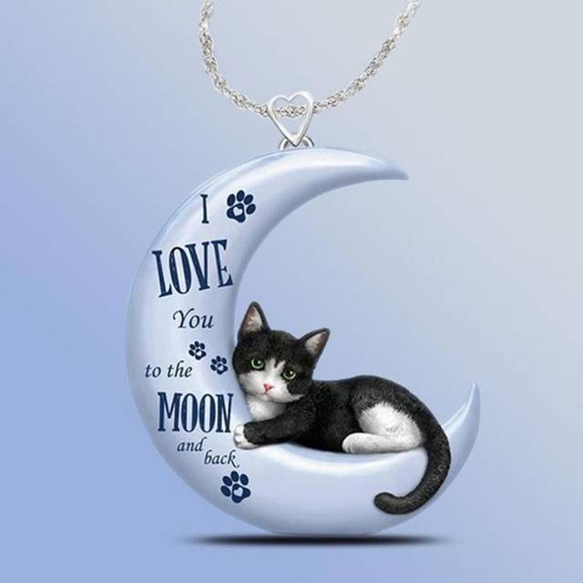 Exquisite Cat Necklace Blue Moon Rubber Cute Crescent Pendant Black Cat Necklace Jewelry Gift