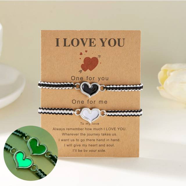 (BR24Y0816-1) Fashion Luminous Love Heart Couple Bracelet for Women Men Handwoven String Rope Glow In The Dark Bracelet