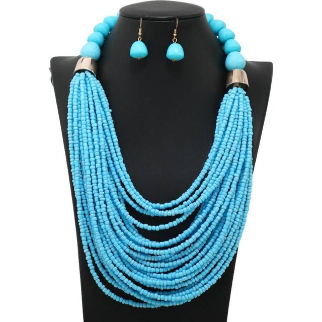 (as the picture) Multi Strand Multi Color Blue Green Red Glass Seed Bead Necklace Earring Set