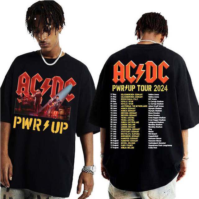 (Style E, XL) Ac Pwr Up Men Letter Print T Shirts Multiple Patterns Costumes Short Sleeves