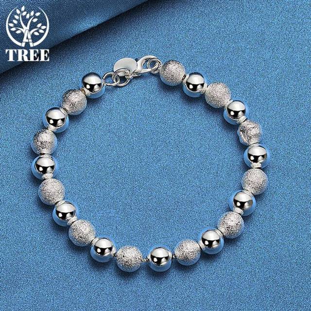 (20cm) 925 Sterling Silver Smooth Matte 8mm Bead Chain Bracelet Jewelry