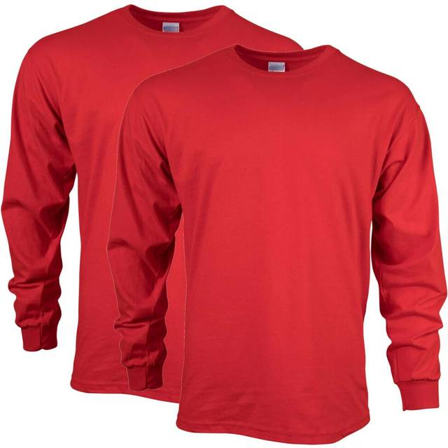 (Red, M) 2 Pack Mens Cotton Crew Neck Long Sleeve Blank Plain Basic T-Shirt Tee Top Bulk
