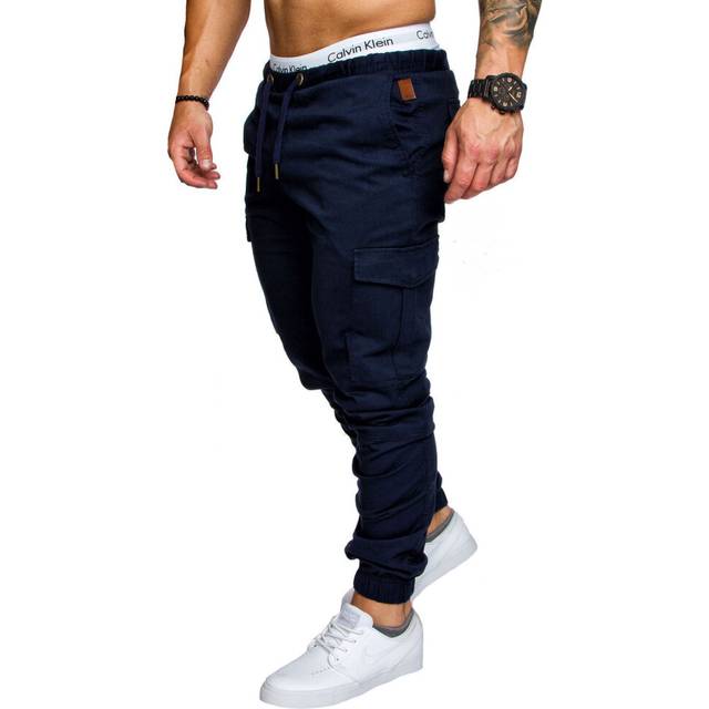 (Navy Blue, M) UK Mens Elasticated Waist Cargo Combat Work Trousers Joggers Pocket Cuffed Pants