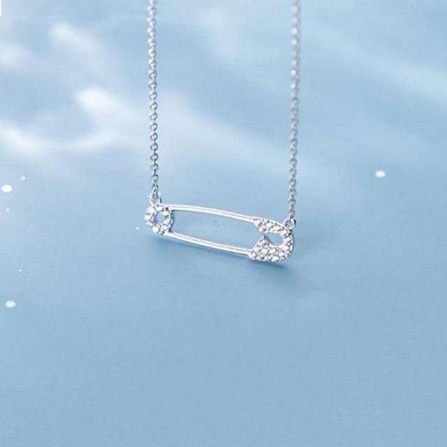 (silver) Real 925 Sterling Silver Safety Pin Necklace For Women Cubic Zirconia Pin Shape Necklaces Charms Jewelry
