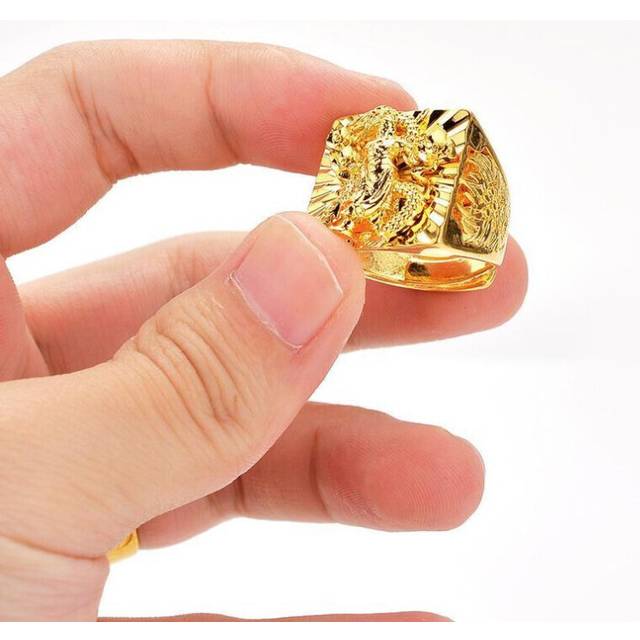 (as the picture, Guan Yu, Adjustable Opening) Men's 24k Gold-plated Dragon And Guanyu Eagle Ring In Vietnamese Sand Gold.